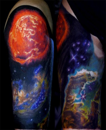 Colored Universe Tattoo On Half Sleeve