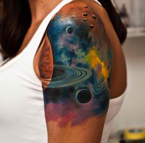 Colored Universe Tattoo On Left Shoulder