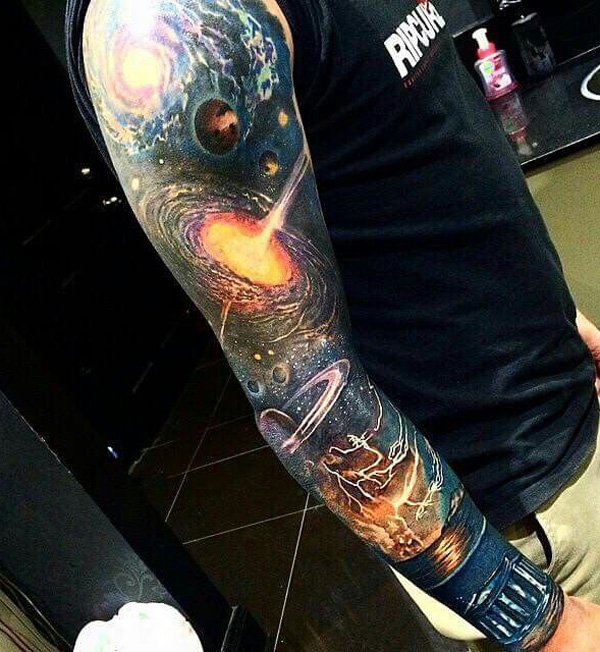Colored Universe Tattoo On Man Full Sleeve