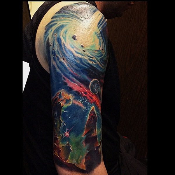 Colored Universe Tattoo On Man Right Half Sleeve