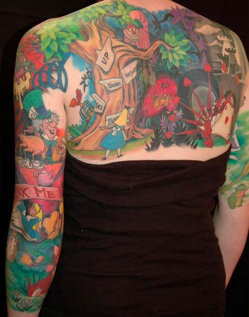 Colorful Alice in Wonderland Tattoos On Upper Back And Both Sleeve