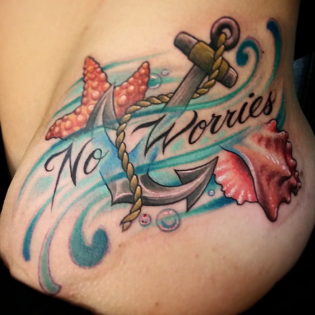 Colorful Anchor And Starfish With Seashell Traditional Tattoo