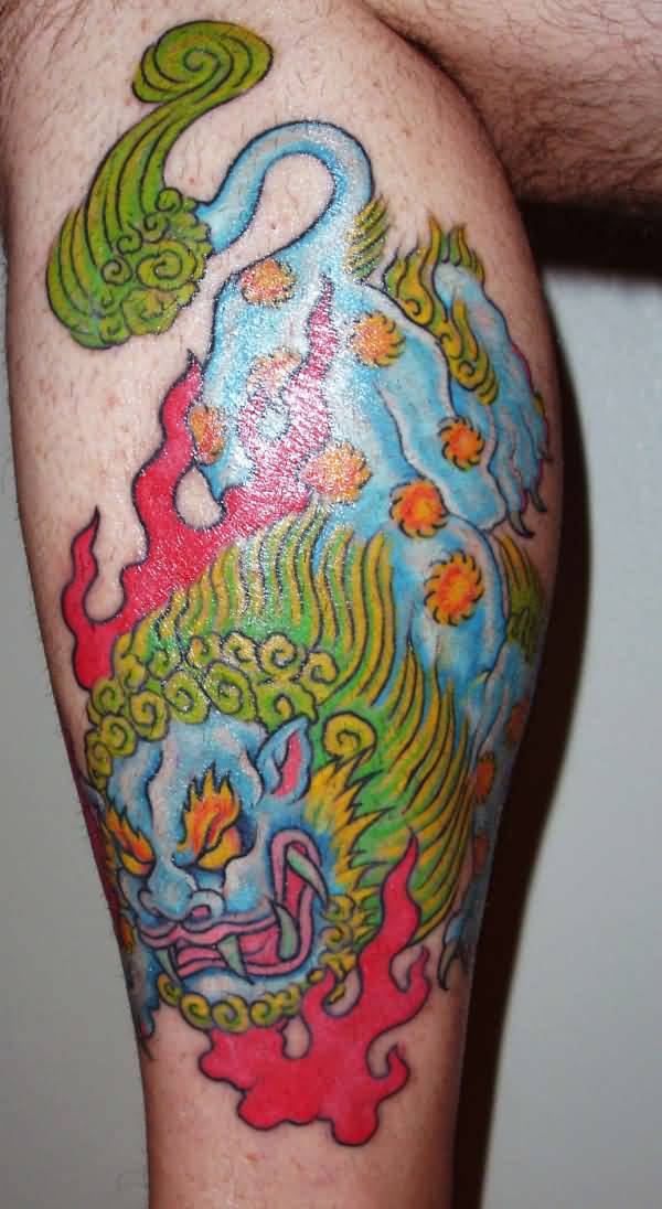 Colorful Angry Foo Dog Tattoo On Leg
