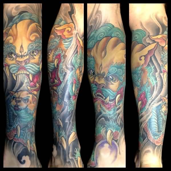 Colorful Angry Foo Dogs Tattoo On Leg By Michael Norris