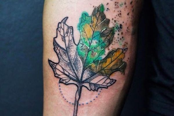Colorful Autumn Fall Leaf Tattoo On Arm