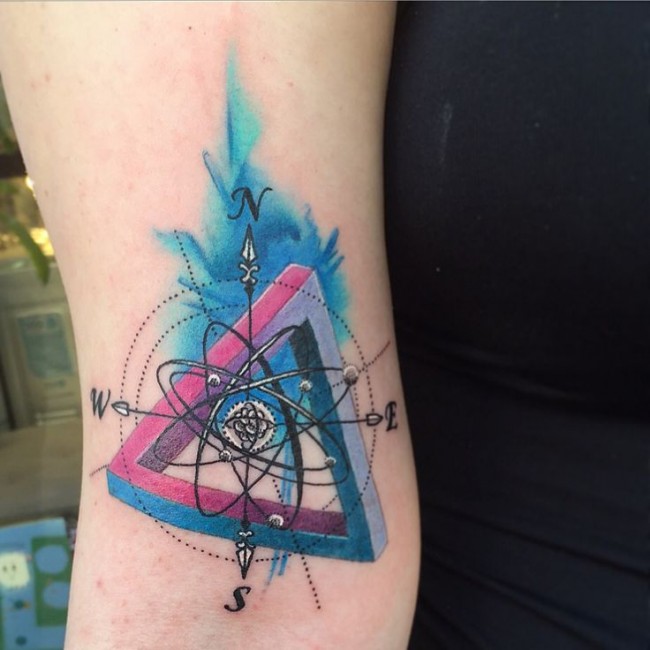 Colorful Compass Universe Tattoo On Bicep