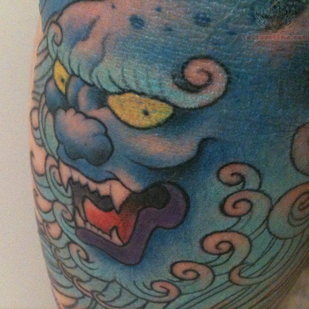 Colorful Foo Dog Head Tattoo
