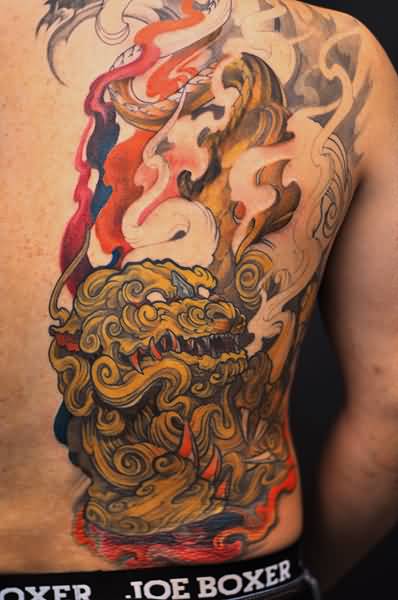 Colorful Foo Dog Tattoo On Half Back