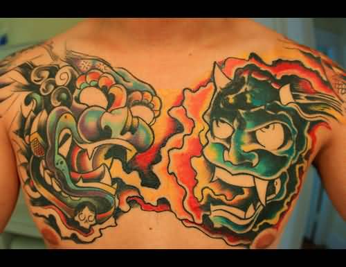 Colorful Foo Dog With Demon And Flames Tattoo On Chest
