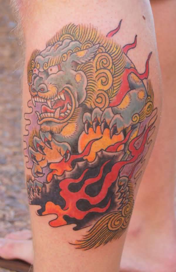 Colorful Foo Dog With Flames Tattoo On Leg