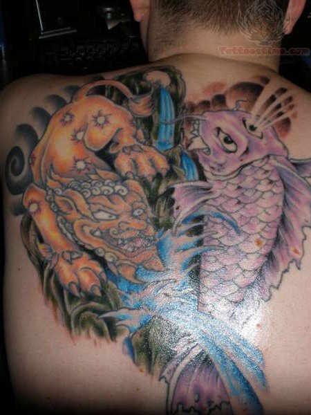 Colorful Foo Dog With Koi Tattoo On Upper Back