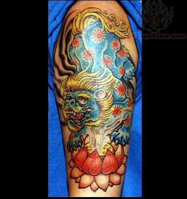 Colorful Foo Dog With Lotus Tattoo On Half Sleeve