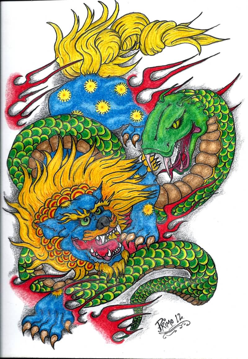 Colorful Foo Dog With Serpent Tattoo Design