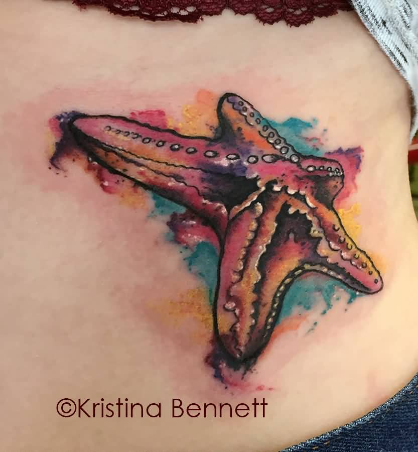 Colorful Realistic Starfish Tattoo On Lower Back