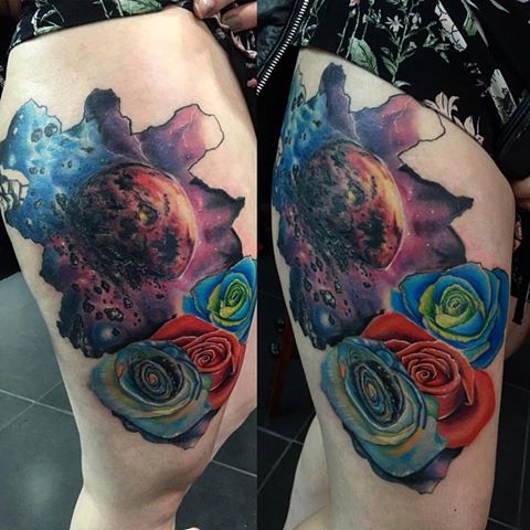 Colorful Roses And Universe Tattoo On Thigh by Luis K Osorio