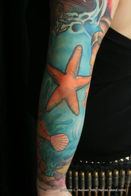 Colorful Starfish Tattoo On Elbow