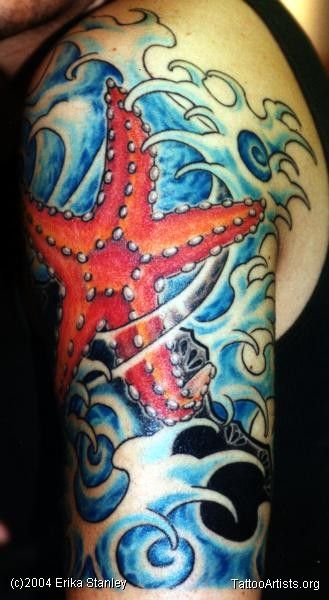 Colorful Starfish With Water TAttoo On Left Half Sleeve By Erika Stanley