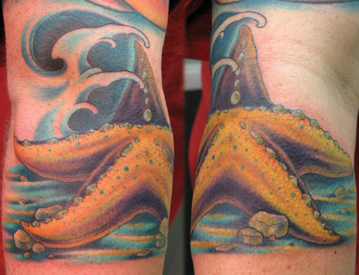 Colorful Starfish With Water Tattoo On Forearm