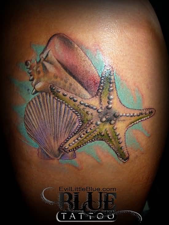 Colorful Starfish With Sea Shell Tattoo