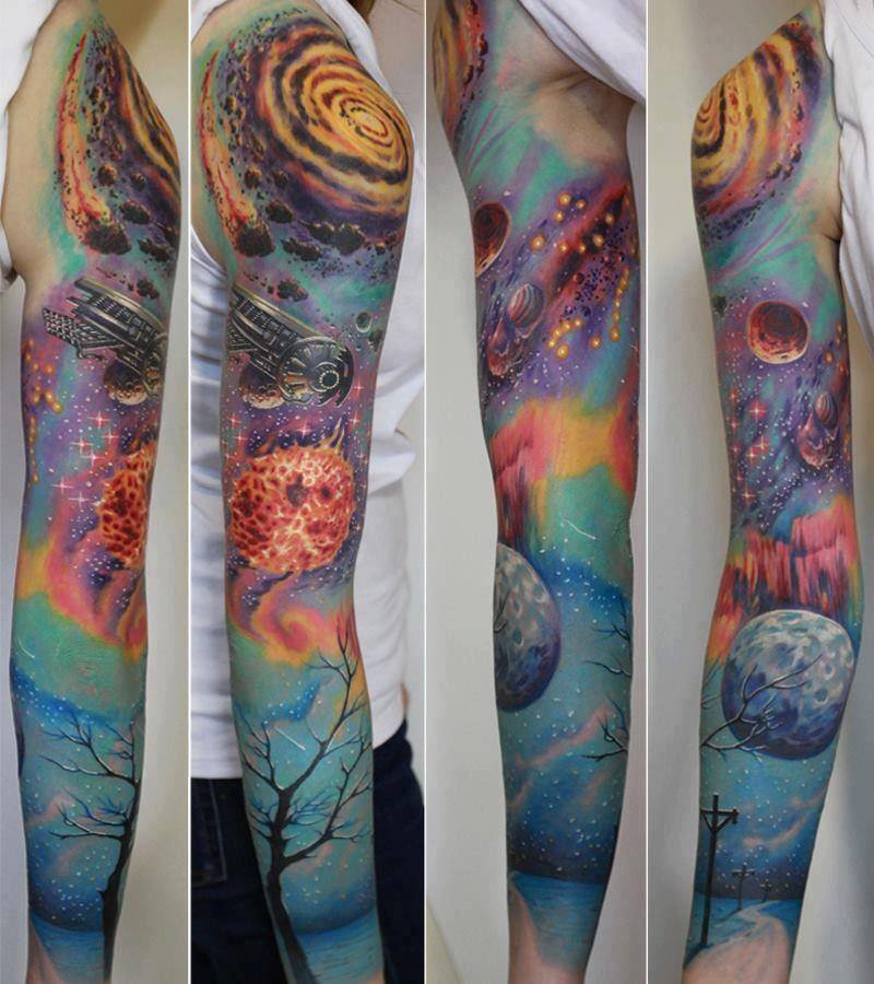 Colorful Universe Tattoo On Man Full Sleeve