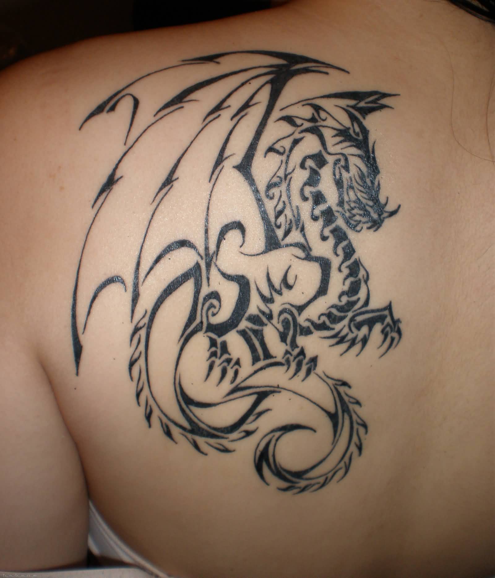 Colorless Tribal Flying Dragon Tattoo On Upper Back