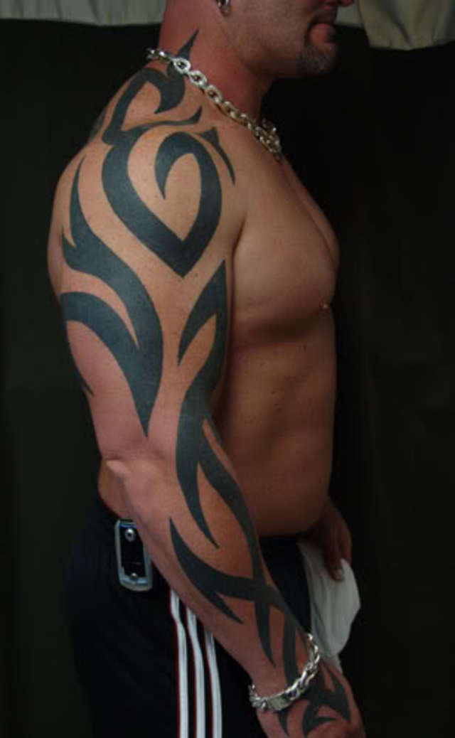 Cool Black Ink Tribal Design Tattoo On Right Full Sleeve