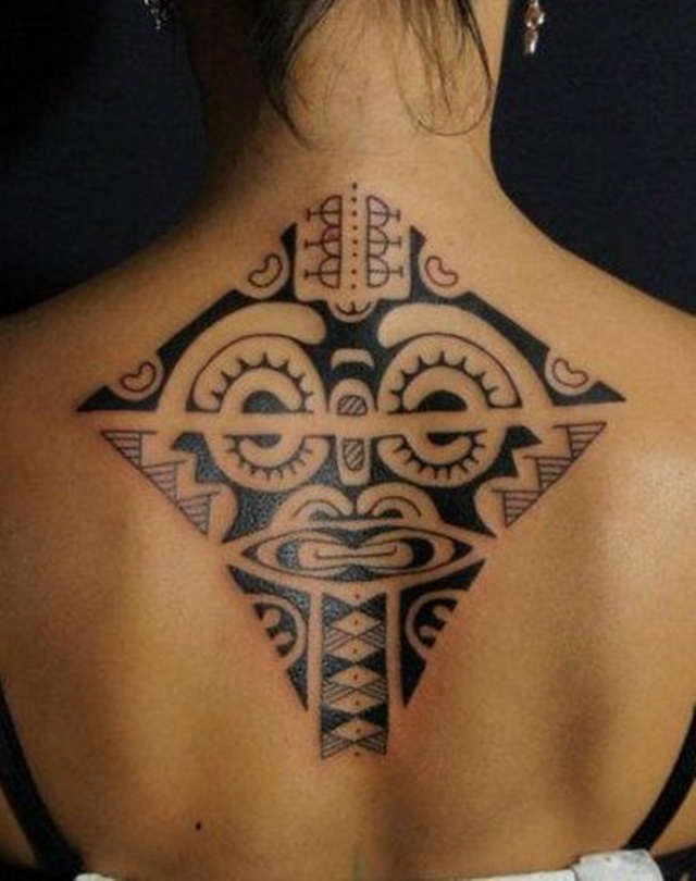 Cool Tribal Polynesian Tattoo On Upper Back For Women