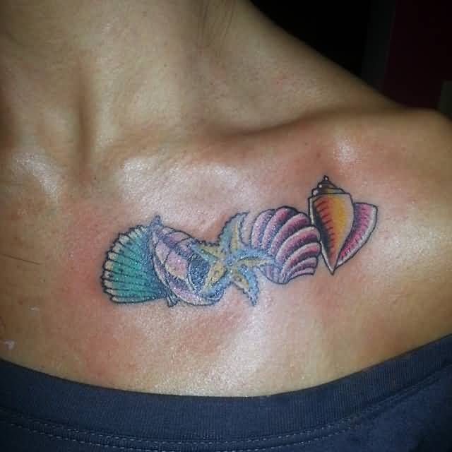 Coolest Starfish With Seashell And Conch Colorful Tattoo On Collar Bone