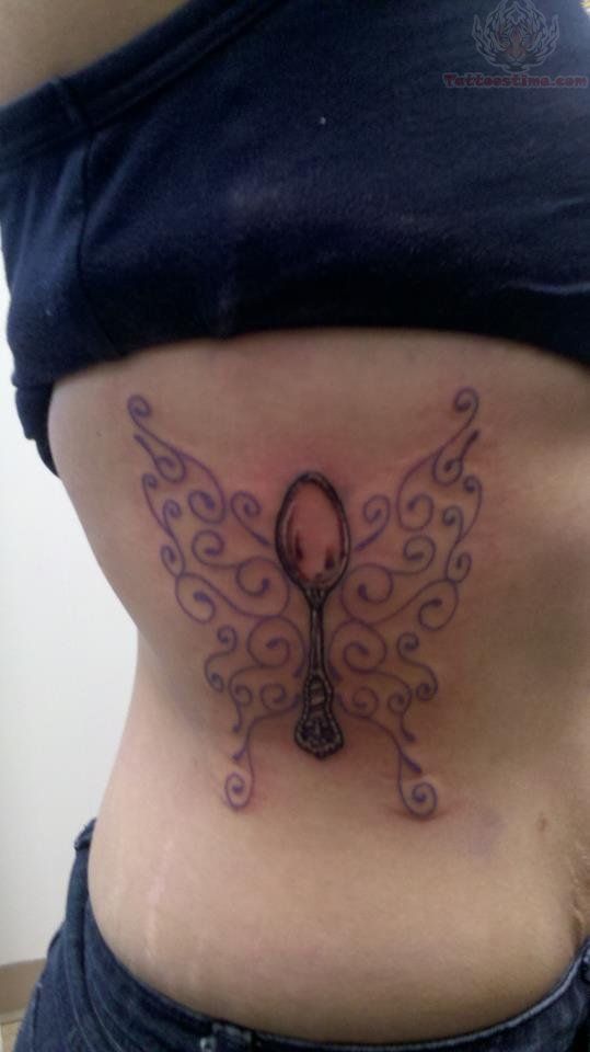 Creative Spoon Having Butterfly Wings Tattoo On Side Rib