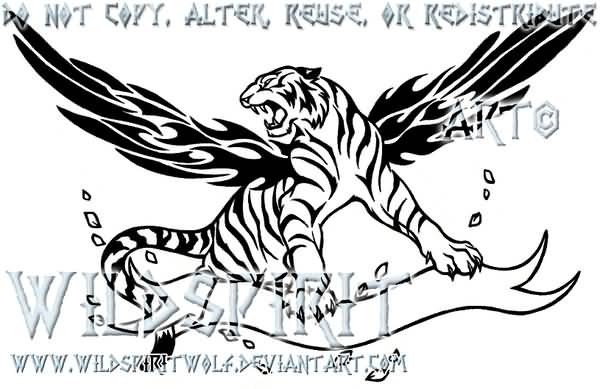 Creative Tiger Having Angel Wings With Banner Tattoo Design By Wildspirit