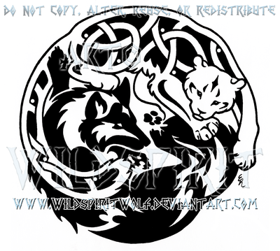 Creative Tribal Wolf And Snow Leopard Making Circle Tattoo Design
