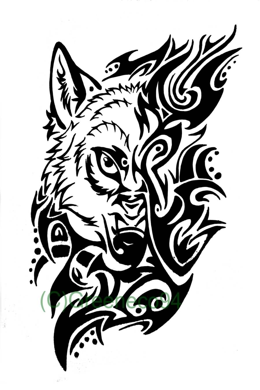 Creative Tribal Wolf Head Tattoo Stencil