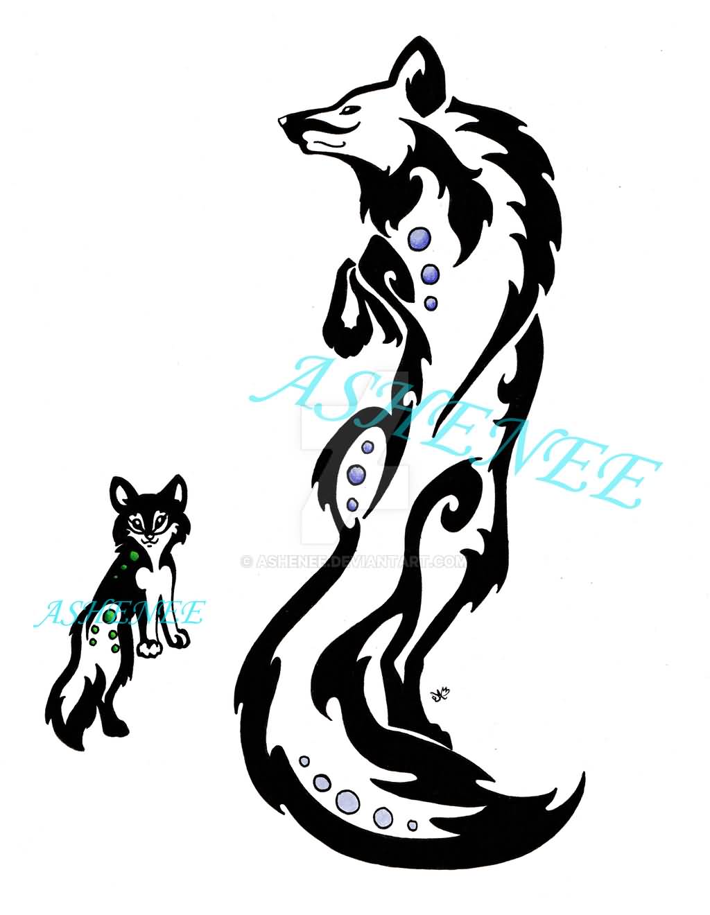 Cute Mom And Baby Tribal Wolfs Tattoo Stencil By Ashenee