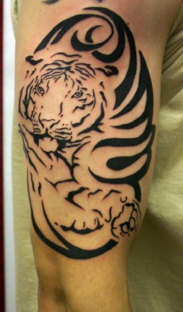 Cute Tribal Tiger Tattoo On Right Half Sleeve