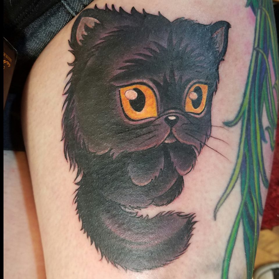 Cute little black kitty tattoo by Jime Litwalk
