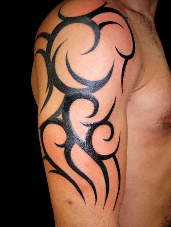 Dark Black Tribal Tattoo On Right Half Sleeve