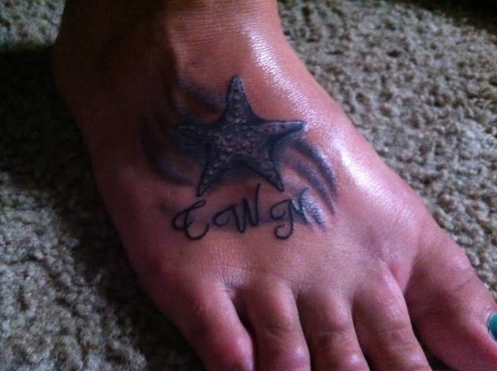 Dark Purple Color Starfish With Letters Tattoo On Foot