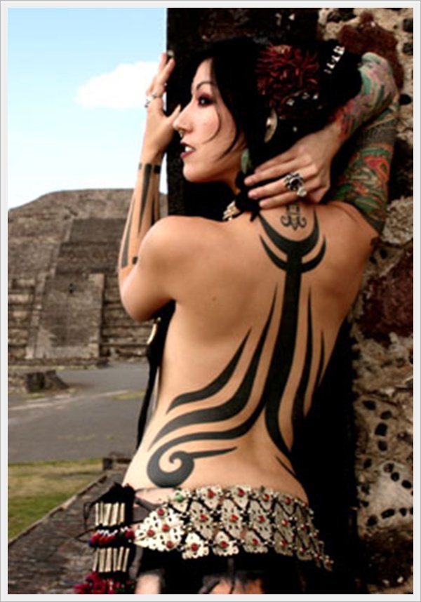 Elegant Tribal Tattoo On Full Back For Women