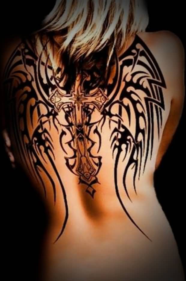 Excellent Tribal Wings With Cross Tattoo On Full Back For Women