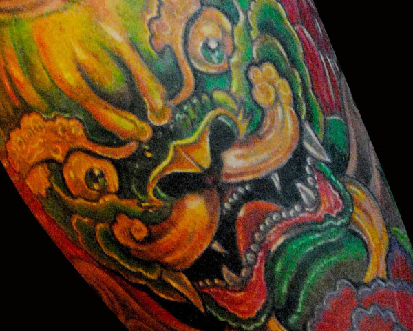 Extremely Angry Foo Dog Colorful Tattoo