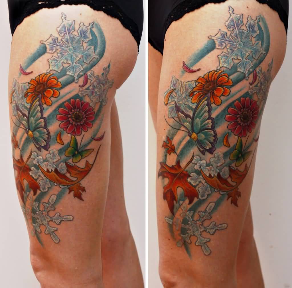 Extremely Nice Butterfly With Snowflakes And Leaves Fall Tattoo On Thigh By Kerrie Lynn