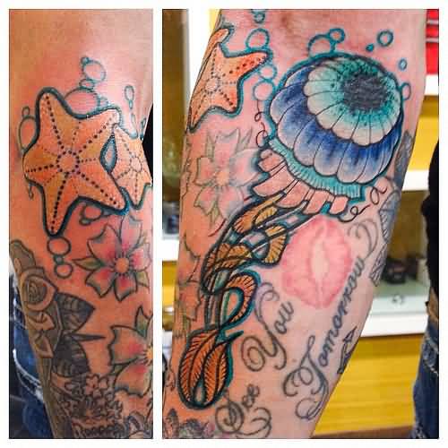 Extremely Nice Starfish With Jellyfish And Bubbles Tattoo On Arm Sleeve