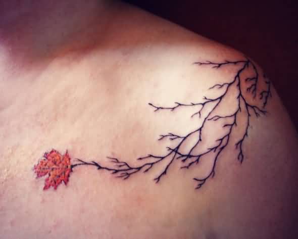 Fall Leaf Tattoo On Front Shoulder