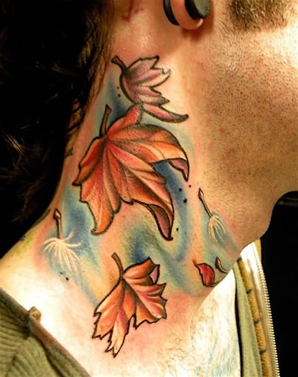 Fall Leaf Tattoos On Side Neck