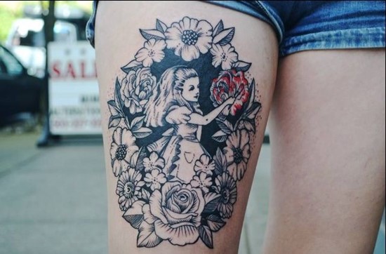 Floral Alice in Wonderland Tattoo On Right Thigh