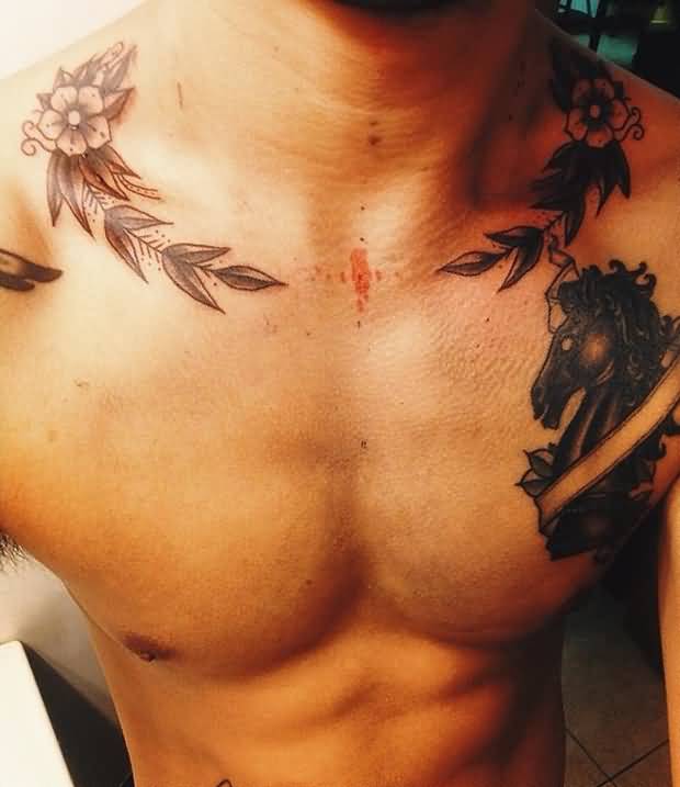 Flower Tattoo On Man Right Clavicle