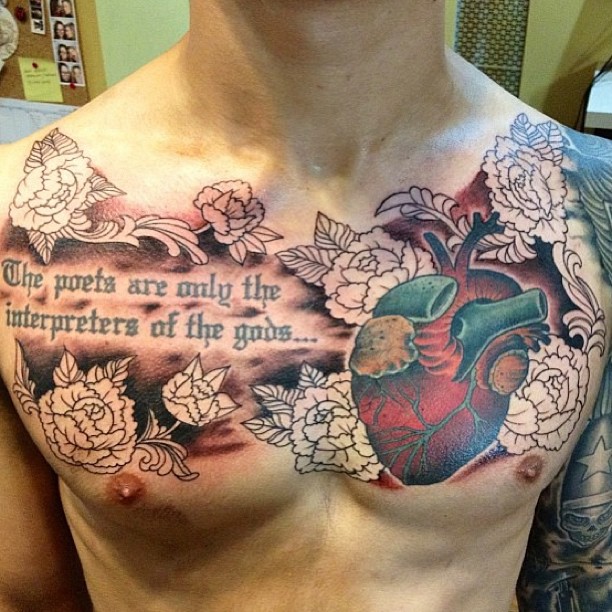 Flowers And Artistic Heart Tattoo On Chest