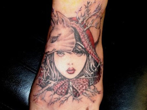 Fox Head Girl Artistic Tattoo On Left Foot