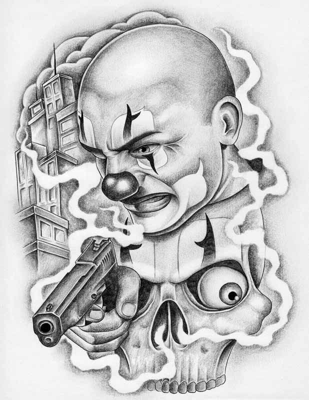 Gangster Clown With Gun Chicano Tattoo Design