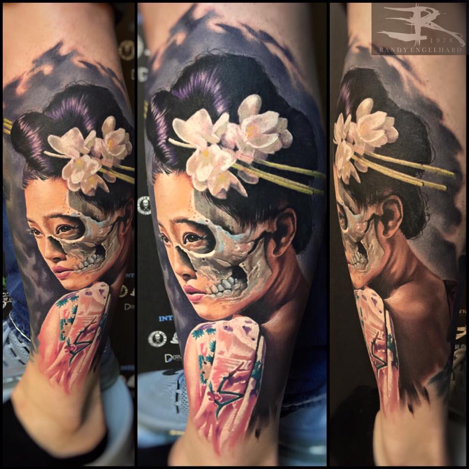 Geisha Skull Tattoo On Leg by Randy Engelhard